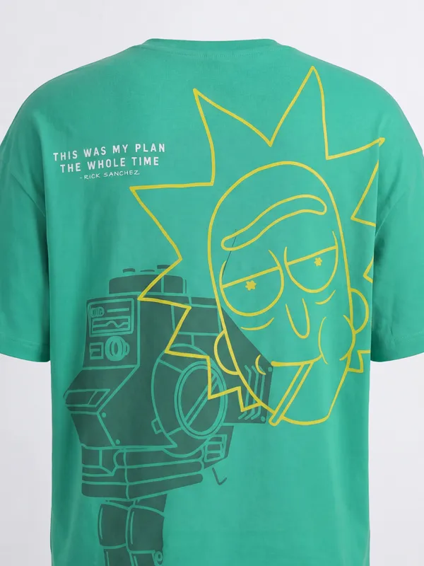 WB By Highlander Men Green Rick And Morty Printed Round Neck Oversized Fit T-Shirt