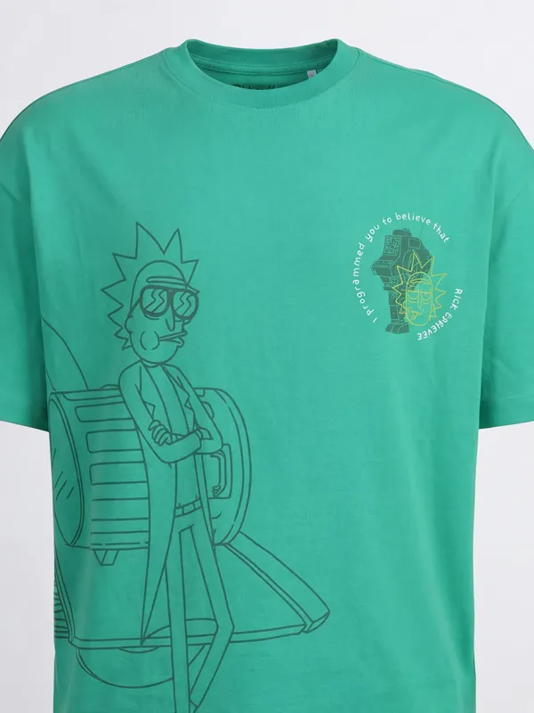 WB By Highlander Men Green Rick And Morty Printed Round Neck Oversized Fit T-Shirt
