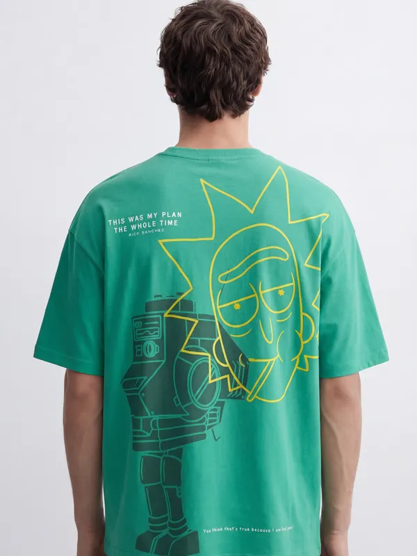 WB By Highlander Men Green Rick And Morty Printed Round Neck Oversized Fit T-Shirt