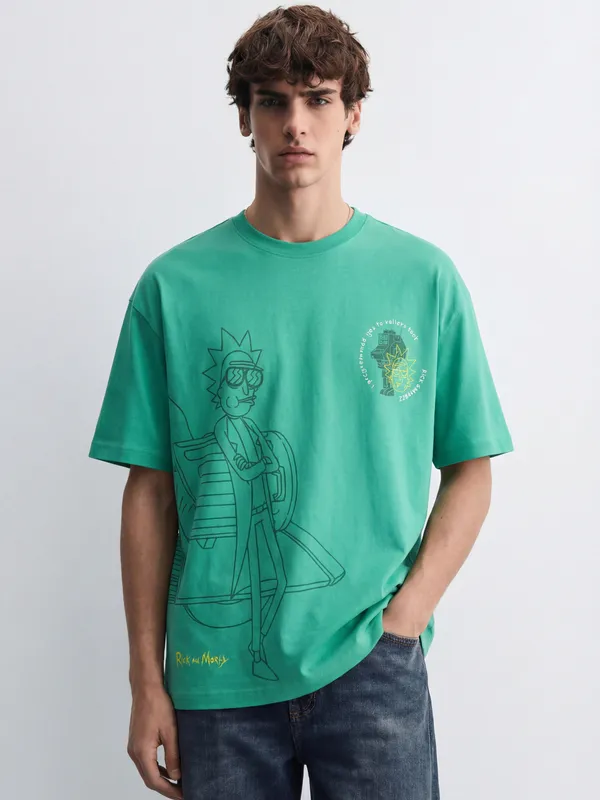 WB By Highlander Men Green Rick And Morty Printed Round Neck Oversized Fit T-Shirt
