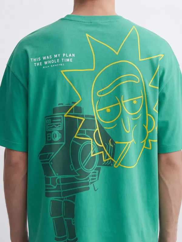 WB By Highlander Men Green Rick And Morty Printed Round Neck Oversized Fit T-Shirt