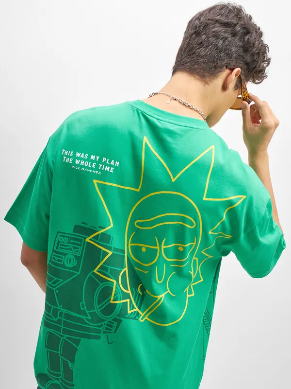 WB By Highlander Men Green Rick And Morty Printed Round Neck Oversized Fit T-Shirt