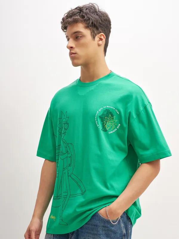 WB By Highlander Men Green Rick And Morty Printed Round Neck Oversized Fit T-Shirt