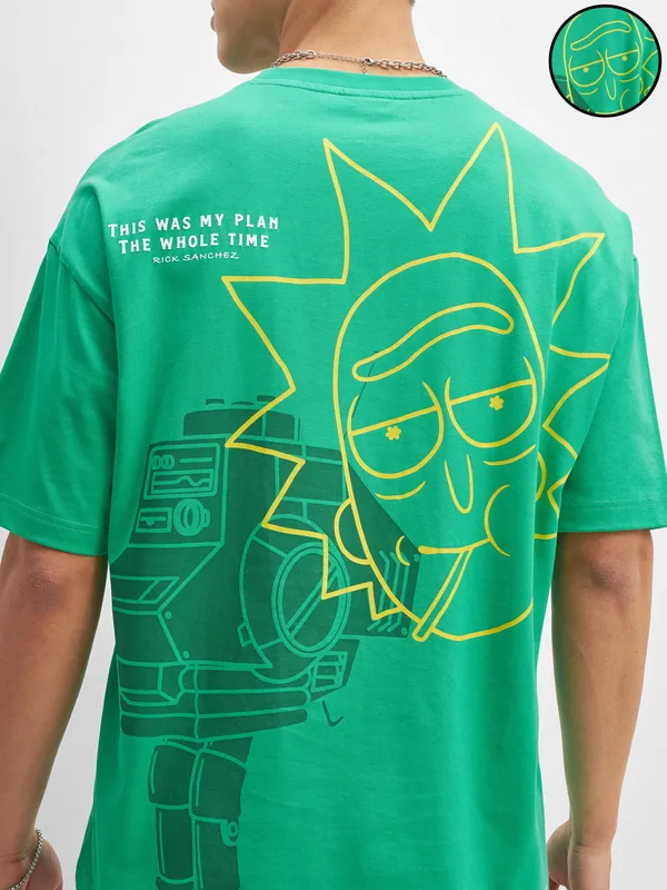 WB By Highlander Men Green Rick And Morty Printed Round Neck Oversized Fit T-Shirt