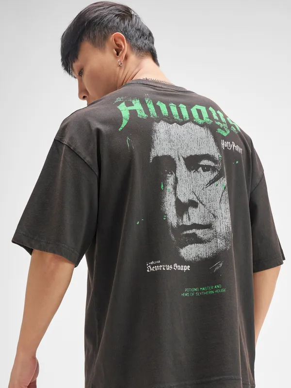 WB By Highlander Men Black Harry Potter Printed Round Neck Oversized Fit T-Shirt