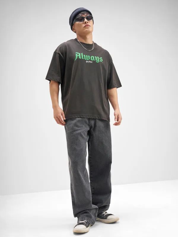 WB By Highlander Men Black Harry Potter Printed Round Neck Oversized Fit T-Shirt