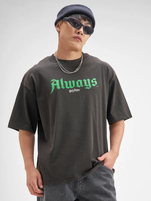 WB By Highlander Men Black Harry Potter Printed Round Neck Oversized Fit T-Shirt
