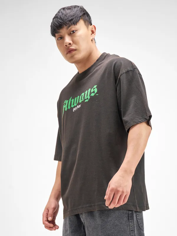 WB By Highlander Men Black Harry Potter Printed Round Neck Oversized Fit T-Shirt