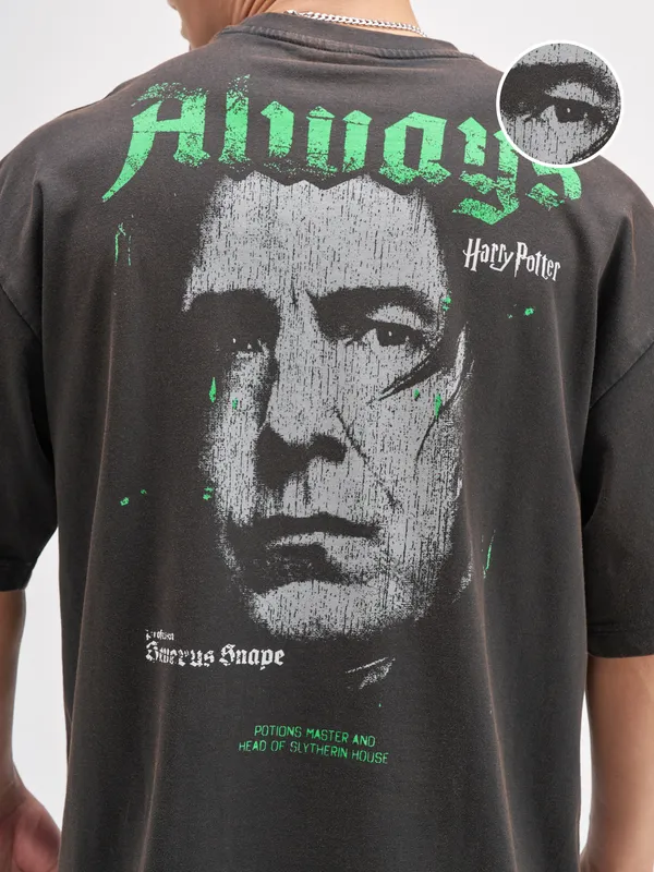 WB By Highlander Men Black Harry Potter Printed Round Neck Oversized Fit T-Shirt