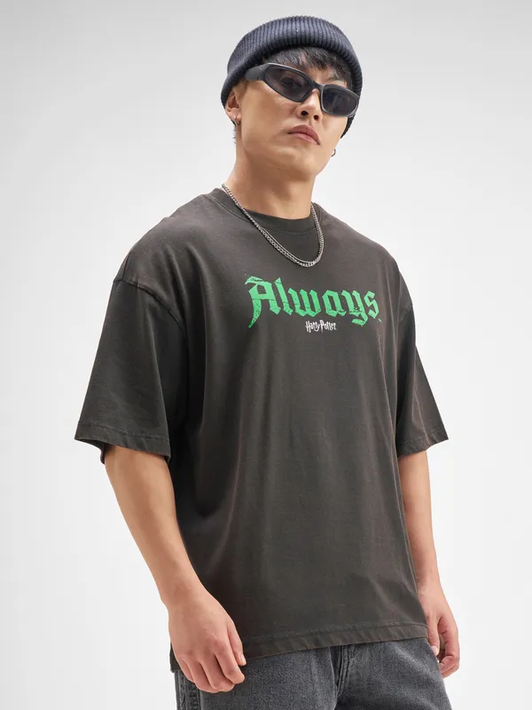 WB By Highlander Men Black Harry Potter Printed Round Neck Oversized Fit T-Shirt