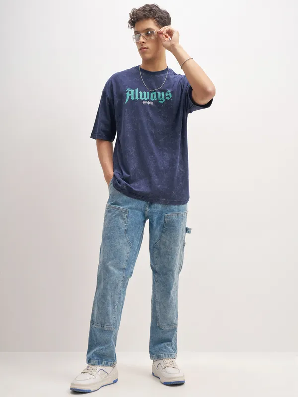 WB By Highlander Men Navy Blue Harry Potter Harry Potter Printed Round Neck Oversized Fit T-Shirt