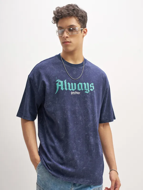 WB By Highlander Men Navy Blue Harry Potter Harry Potter Printed Round Neck Oversized Fit T-Shirt