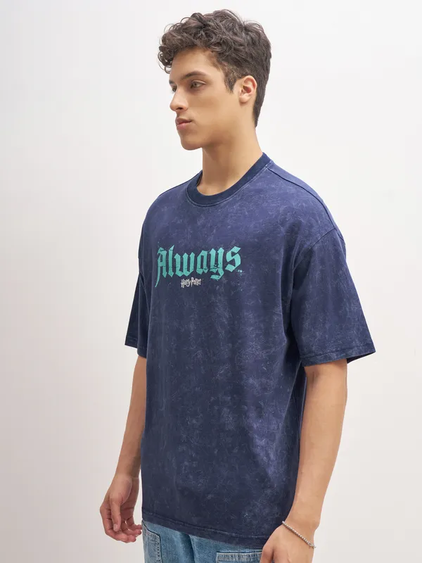 WB By Highlander Men Navy Blue Harry Potter Harry Potter Printed Round Neck Oversized Fit T-Shirt