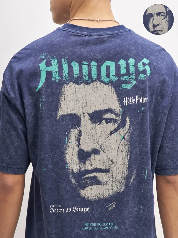 WB By Highlander Men Navy Blue Harry Potter Harry Potter Printed Round Neck Oversized Fit T-Shirt