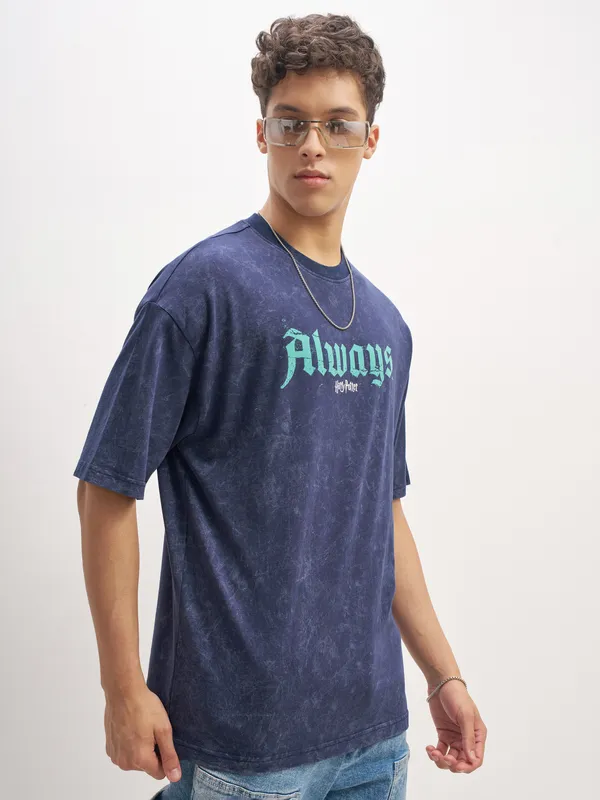 WB By Highlander Men Navy Blue Harry Potter Harry Potter Printed Round Neck Oversized Fit T-Shirt