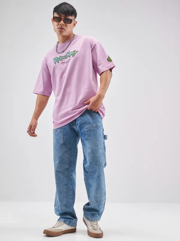 Highlander Men Lavender Rick And Morty Printed Round Neck Oversized Fit T-Shirt