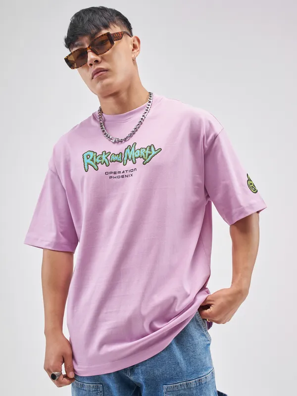 Highlander Men Lavender Rick And Morty Printed Round Neck Oversized Fit T-Shirt
