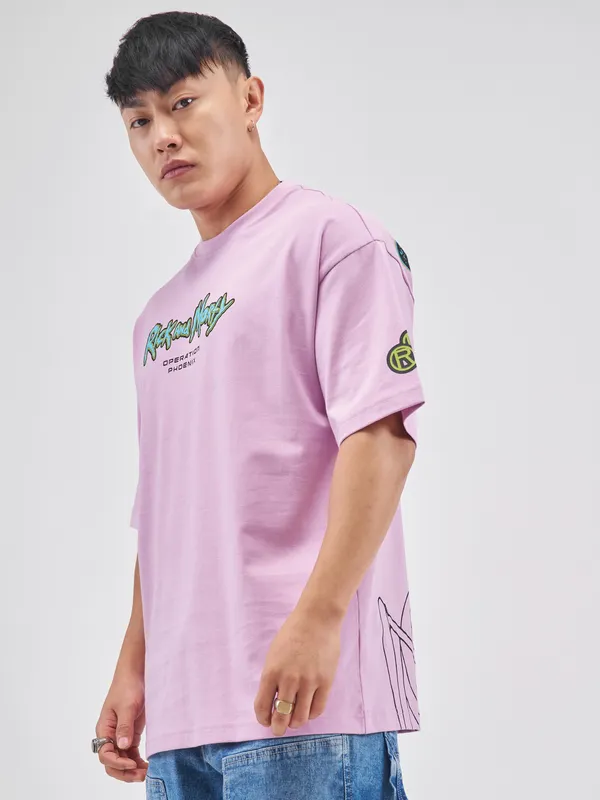 Highlander Men Lavender Rick And Morty Printed Round Neck Oversized Fit T-Shirt