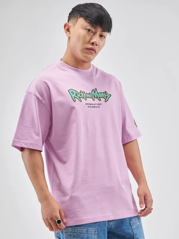Highlander Men Lavender Rick And Morty Printed Round Neck Oversized Fit T-Shirt