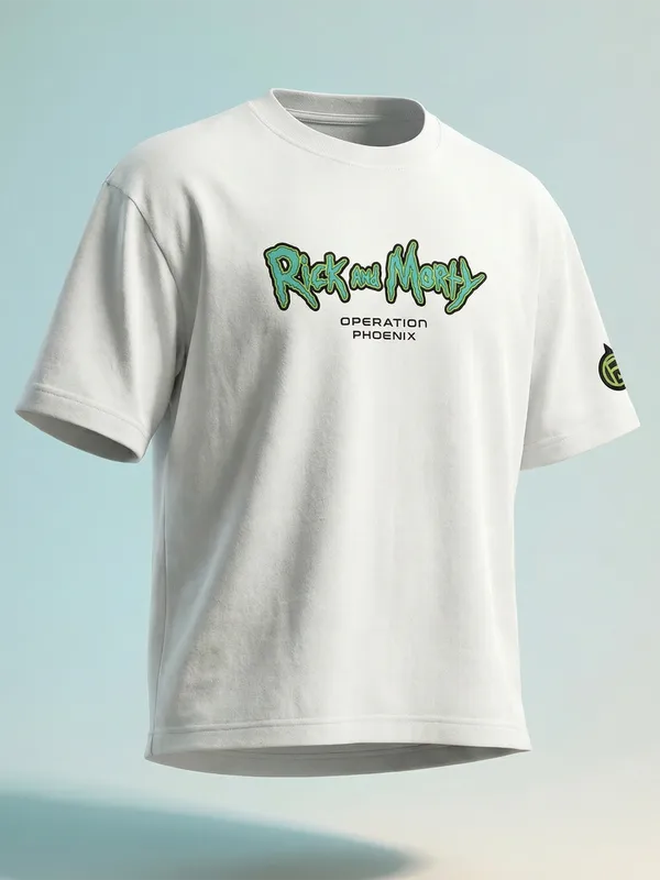 Highlander Men White Rick And Morty Printed Round Neck Oversized Fit T-Shirt