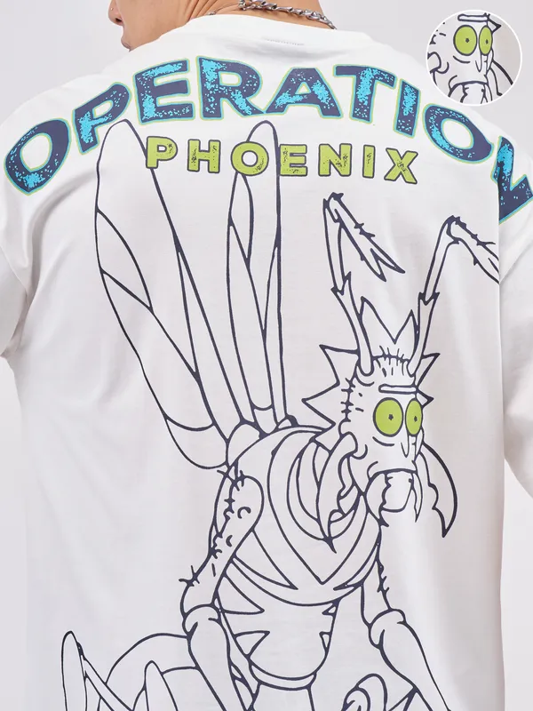 Highlander Men White Rick And Morty Printed Round Neck Oversized Fit T-Shirt