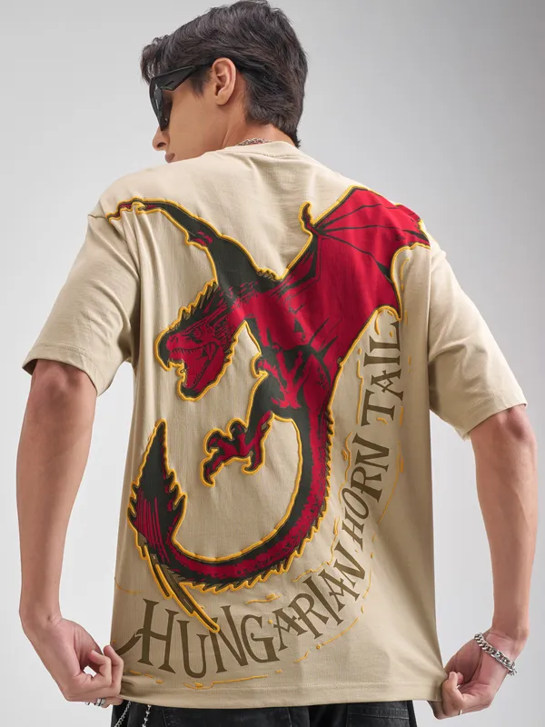 WB By Highlander Men Beige Hungarian Horntail Printed Round Neck T-Shirt