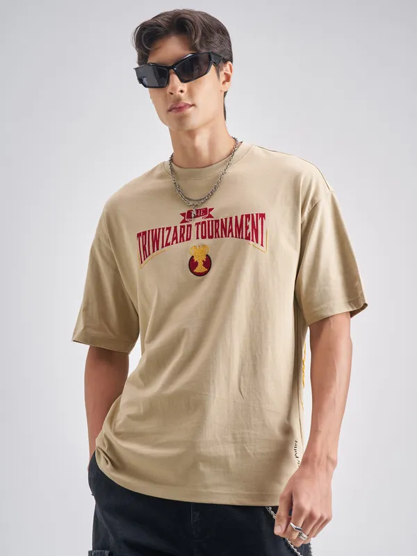 WB By Highlander Men Beige Hungarian Horntail Printed Round Neck T-Shirt