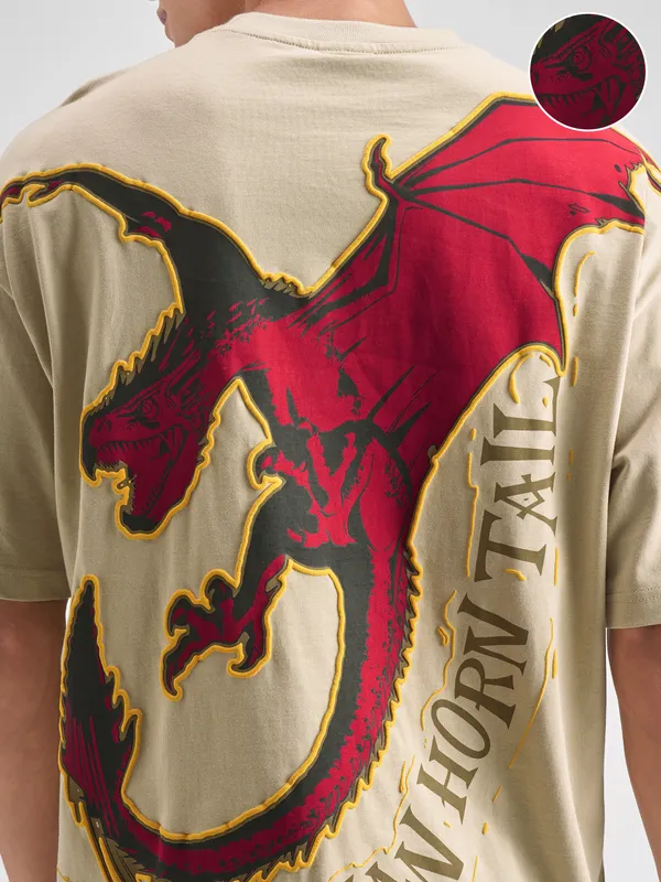 WB By Highlander Men Beige Hungarian Horntail Printed Round Neck T-Shirt