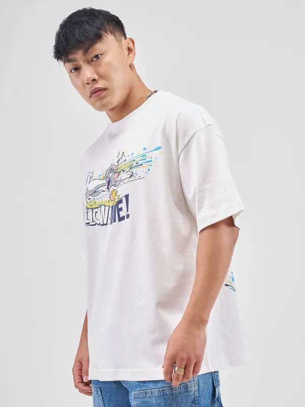 WB By Highlander Men White Tom And Jerry Printed Round Neck Oversized Fit T-Shirt