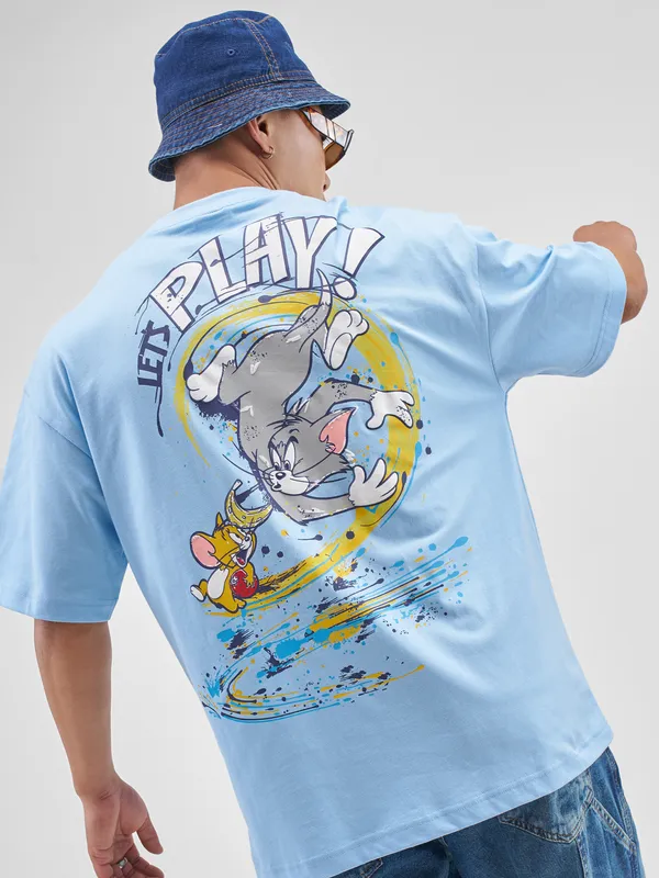 WB By Highlander Men Blue Tom And Jerry Printed Round Neck Oversized Fit T-Shirt