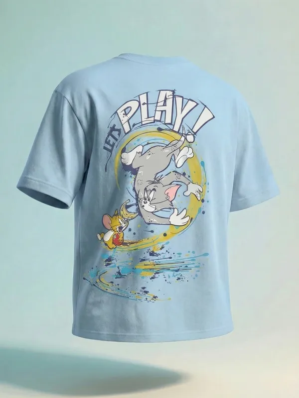 WB By Highlander Men Blue Tom And Jerry Printed Round Neck Oversized Fit T-Shirt