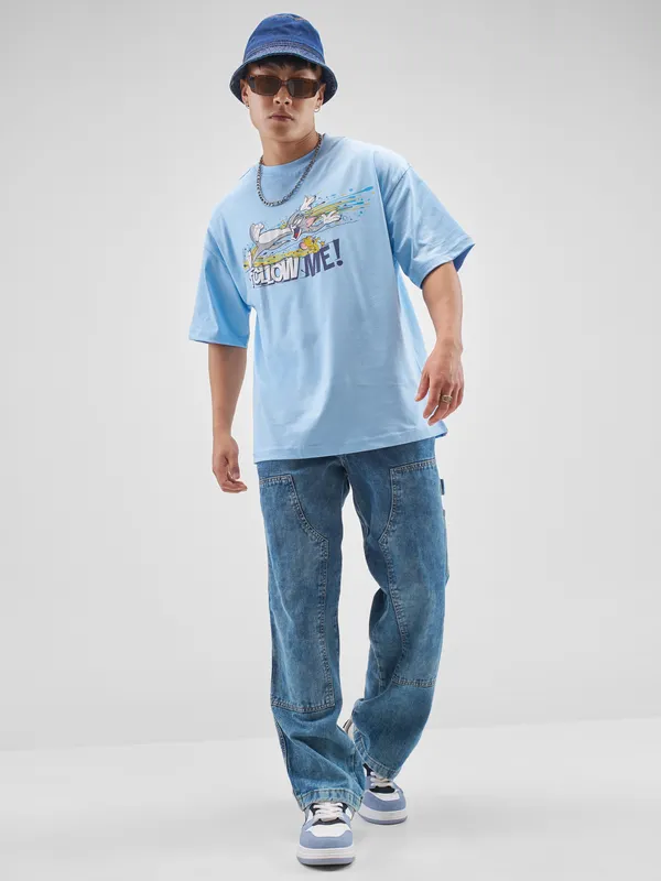 WB By Highlander Men Blue Tom And Jerry Printed Round Neck Oversized Fit T-Shirt