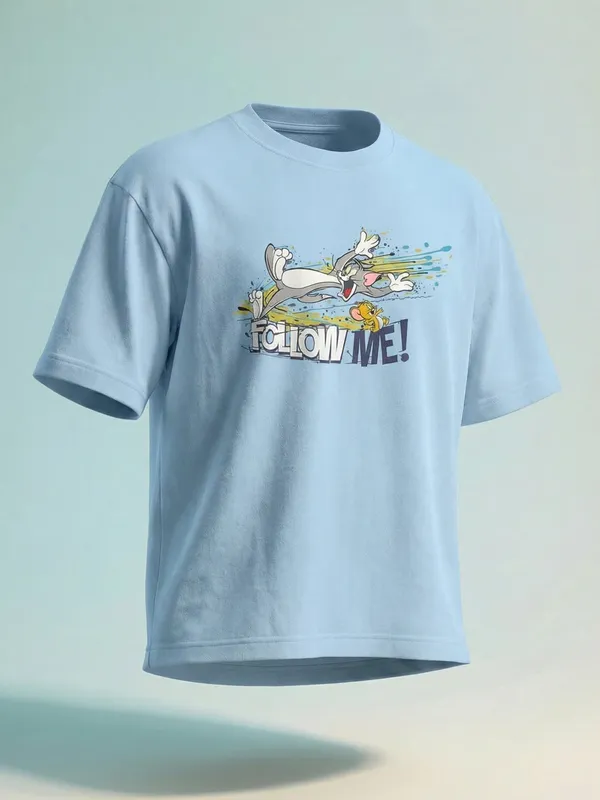 WB By Highlander Men Blue Tom And Jerry Printed Round Neck Oversized Fit T-Shirt