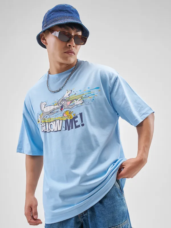 WB By Highlander Men Blue Tom And Jerry Printed Round Neck Oversized Fit T-Shirt