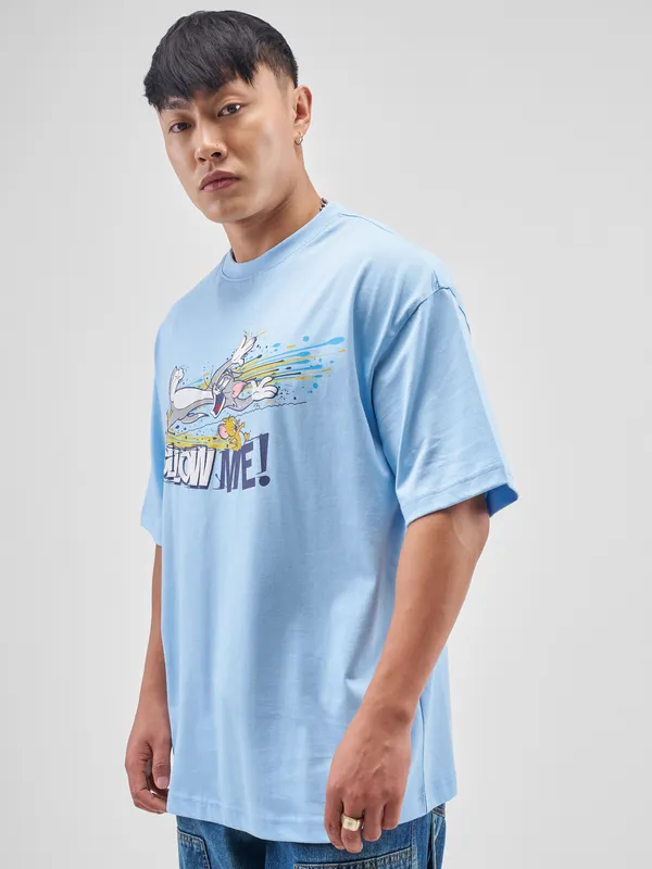 WB By Highlander Men Blue Tom And Jerry Printed Round Neck Oversized Fit T-Shirt