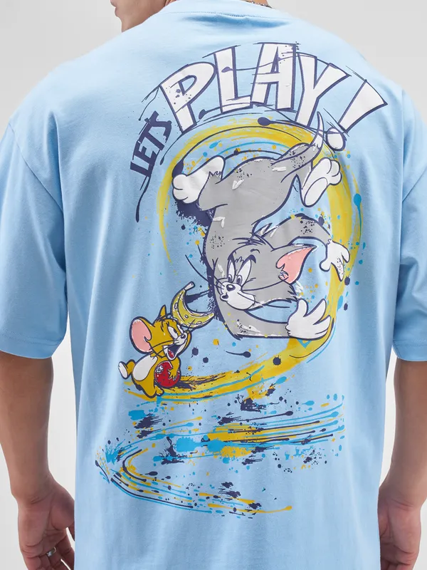 WB By Highlander Men Blue Tom And Jerry Printed Round Neck Oversized Fit T-Shirt