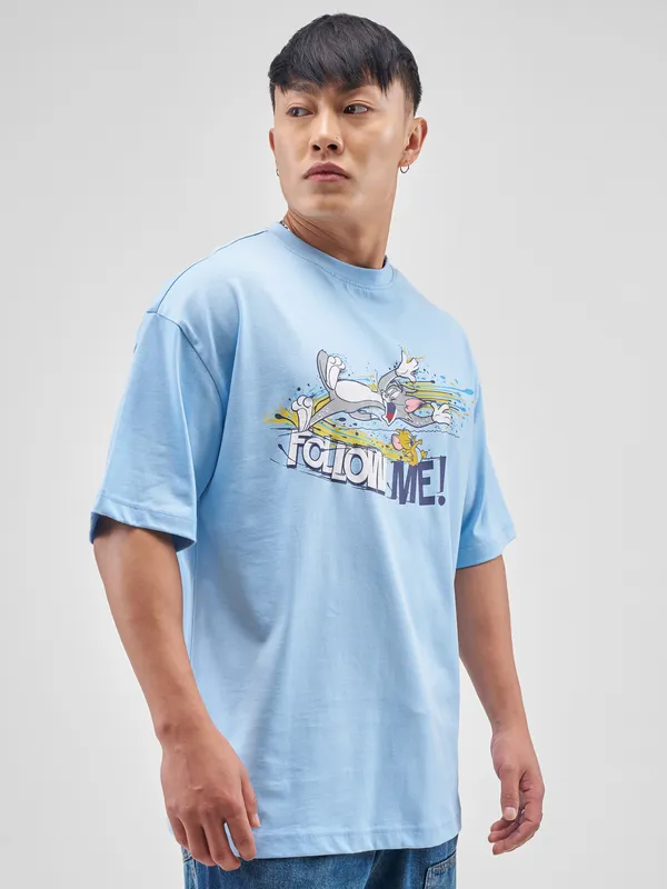 WB By Highlander Men Blue Tom And Jerry Printed Round Neck Oversized Fit T-Shirt