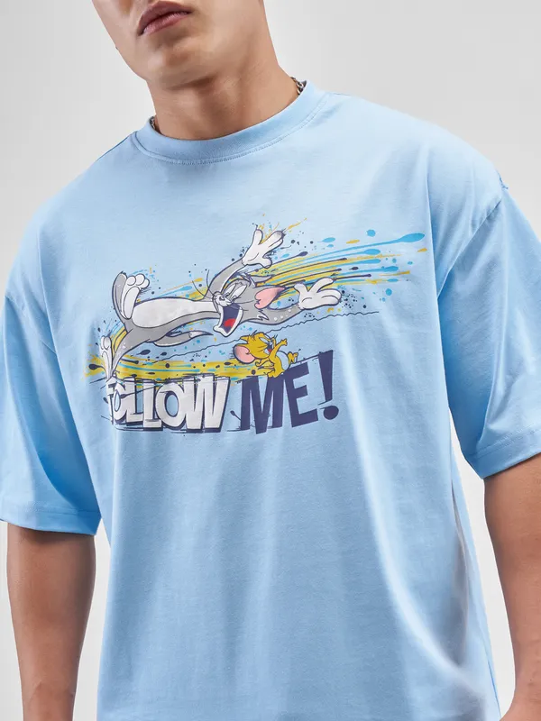 WB By Highlander Men Blue Tom And Jerry Printed Round Neck Oversized Fit T-Shirt