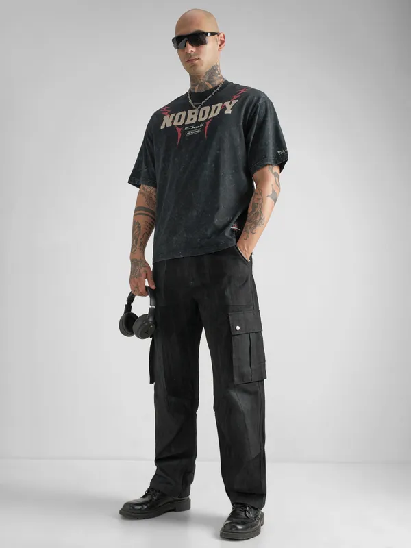 WB By Highlander Men Black Rick And Morty Printed Round Neck Oversized Fit T-Shirt