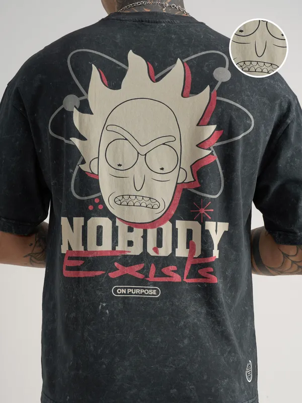 WB By Highlander Men Black Rick And Morty Printed Round Neck Oversized Fit T-Shirt