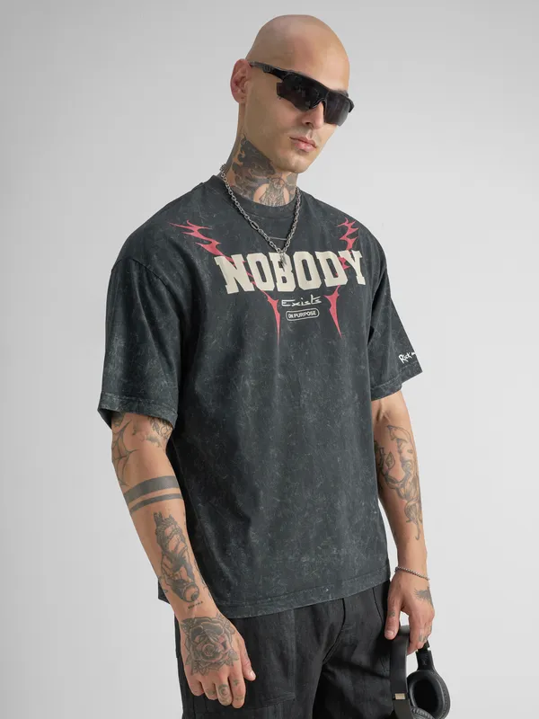 WB By Highlander Men Black Rick And Morty Printed Round Neck Oversized Fit T-Shirt