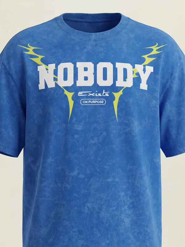 Highlander Men Blue Printed Round Neck Oversized Fit T-Shirt