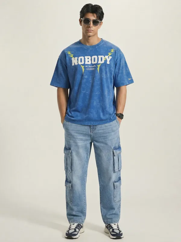 Highlander Men Blue Printed Round Neck Oversized Fit T-Shirt