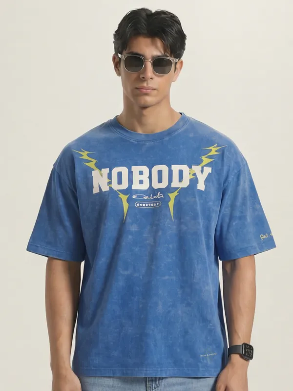 Highlander Men Blue Printed Round Neck Oversized Fit T-Shirt