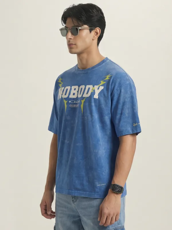Highlander Men Blue Printed Round Neck Oversized Fit T-Shirt