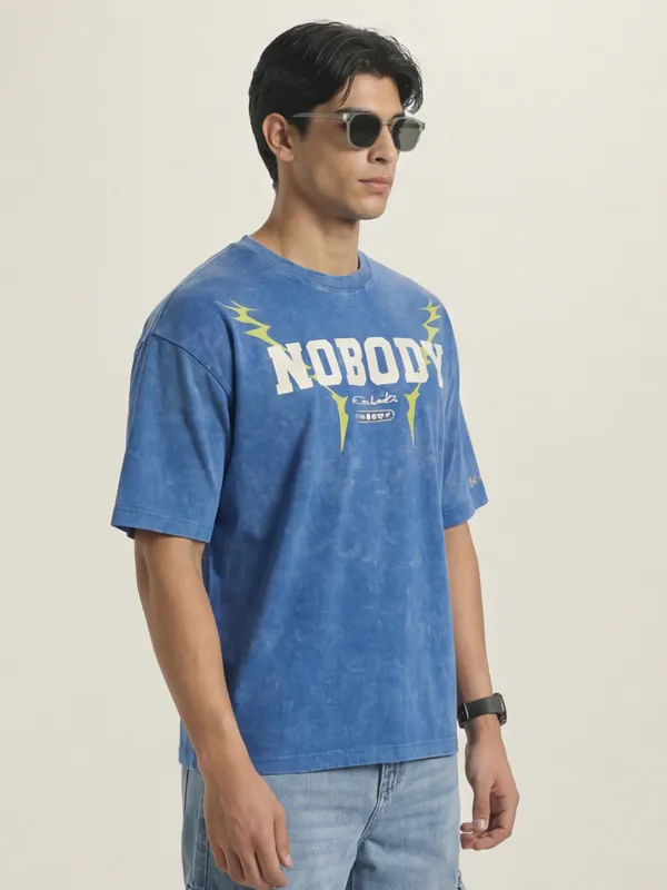 Highlander Men Blue Printed Round Neck Oversized Fit T-Shirt