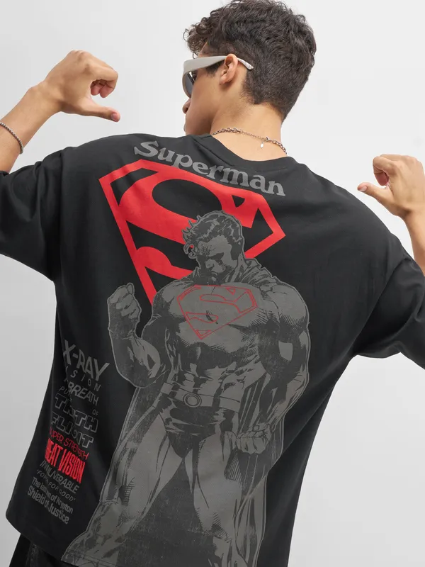 DC By Highlander Men Black Superman Printed Round Neck Oversized Fit T-Shirt