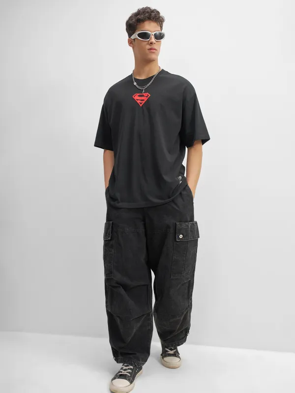 DC By Highlander Men Black Superman Printed Round Neck Oversized Fit T-Shirt