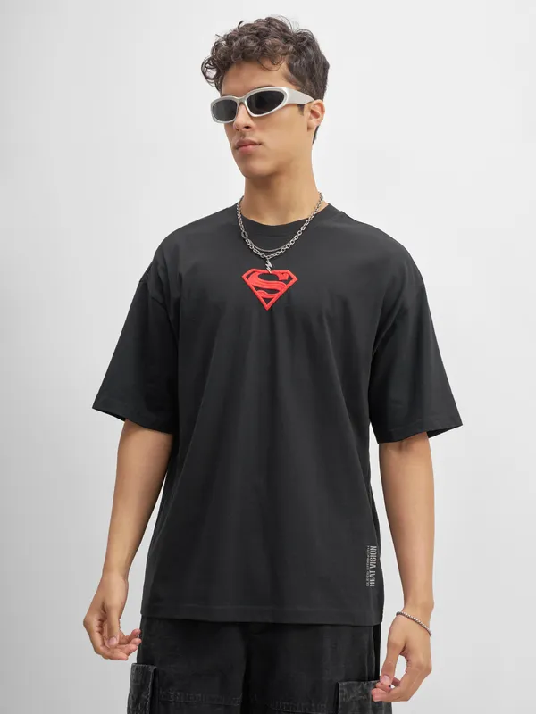 DC By Highlander Men Black Superman Printed Round Neck Oversized Fit T-Shirt