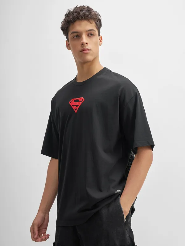 DC By Highlander Men Black Superman Printed Round Neck Oversized Fit T-Shirt
